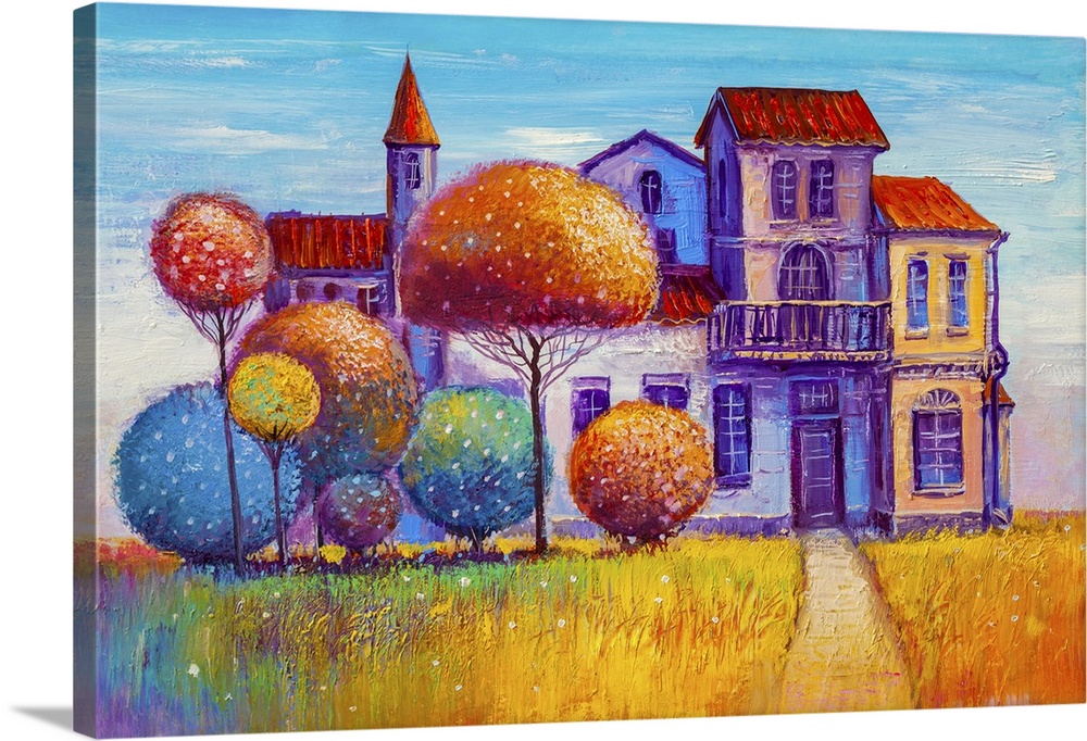 Beautiful country house in a summer landscape. Originally oil painting.