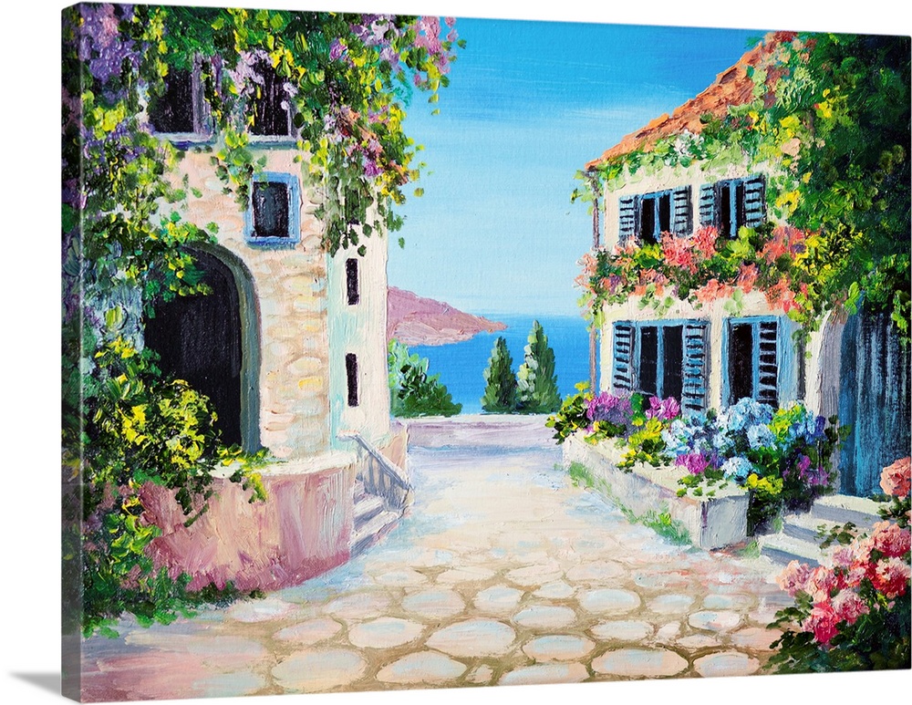 Originally an oil painting on canvas of house near the sea.