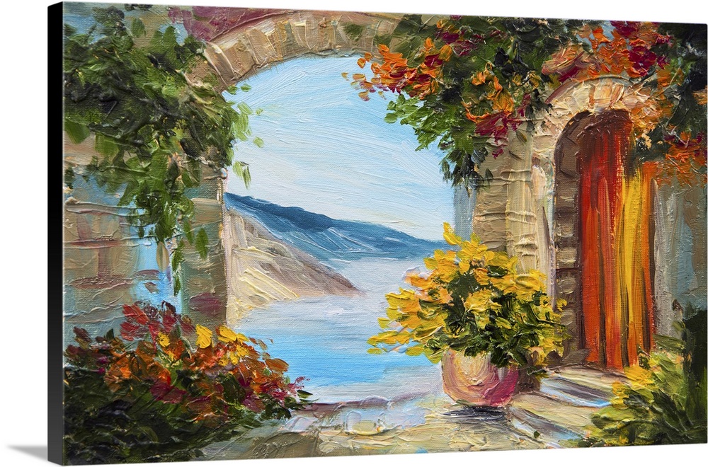 Originally an oil painting of beautiful nature, colorful flowers, street.