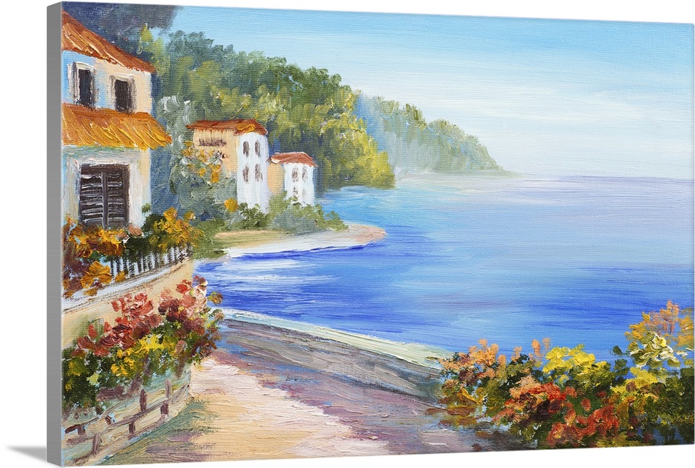 Originally an oil painting of a house near the sea. Colorful flowers, summer seascape.