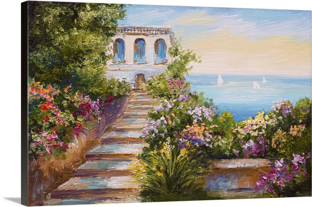 Originally an oil painting of a house near the sea, colorful flowers, summer seascape.