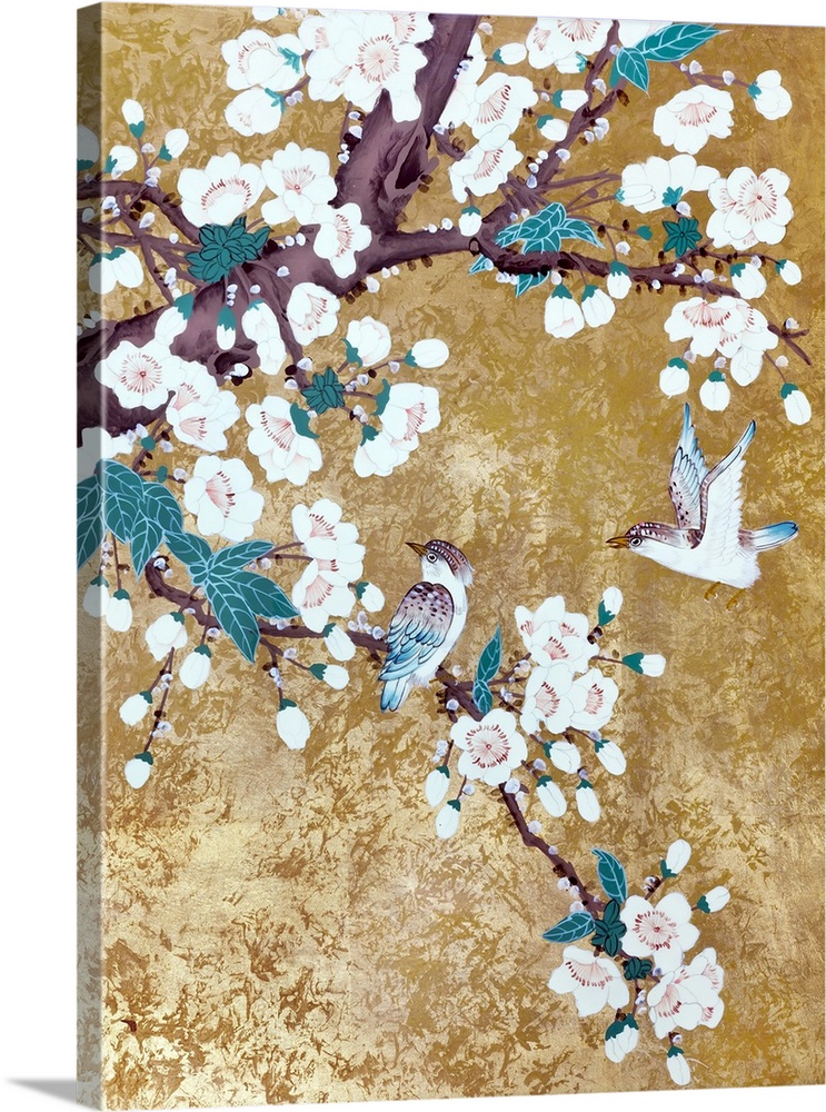 Hummingbirds flying over blossoming Chinese cherry flowers. Originally the artwork is hand drawn in the style of Chinese l...