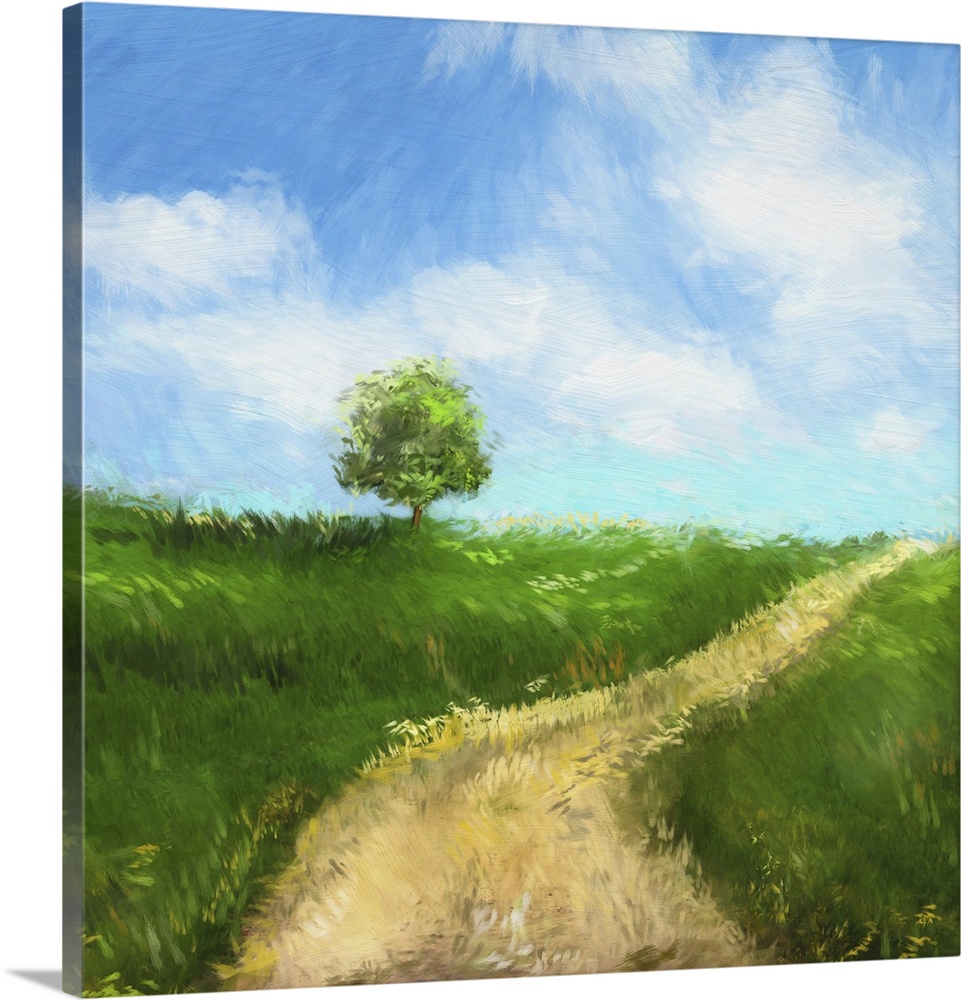 Digitally rendered painting of an idyllic country road.