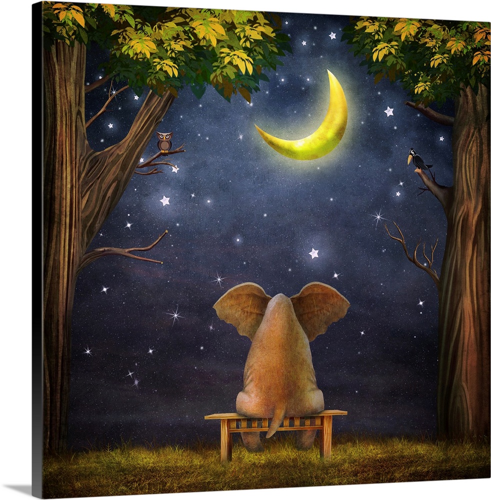 Originally an illustration of a elephant on a bench in the night forest.