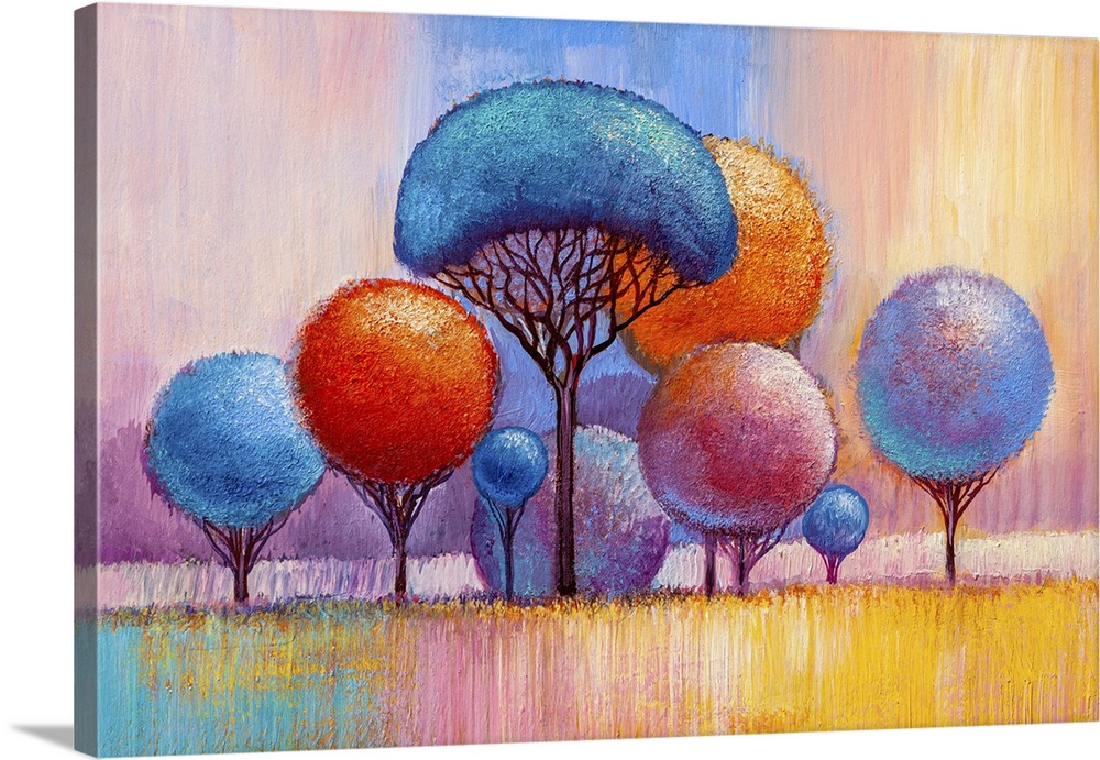 Impressionist painting of outdoor landscape with colorful trees.