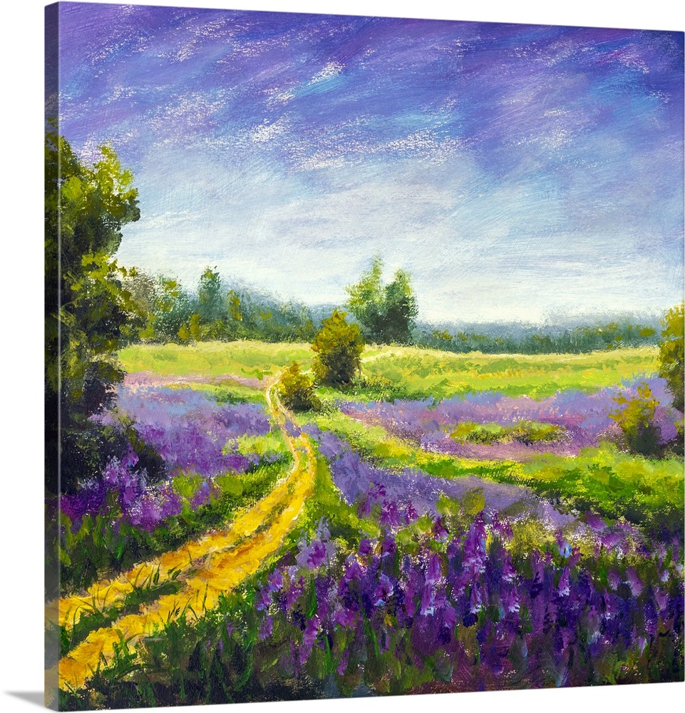 Impressionist painting of a purple meadow landscape, originally in oil.
