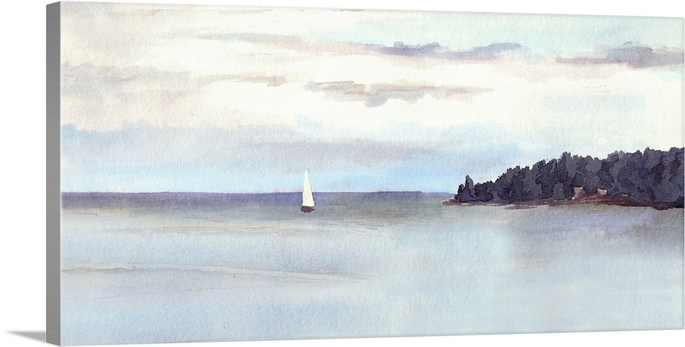 Water view landscape - lake or sea, island, sky with clouds and white sail. Originally a watercolor.