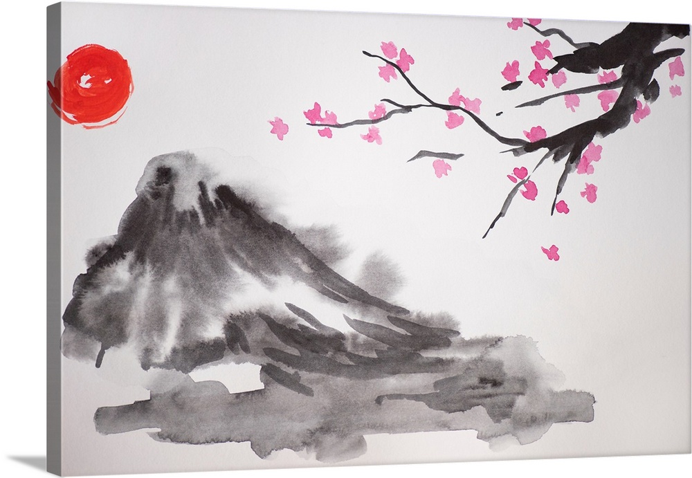 Japanese painting with sun, hill, and Sakura branches on white background.