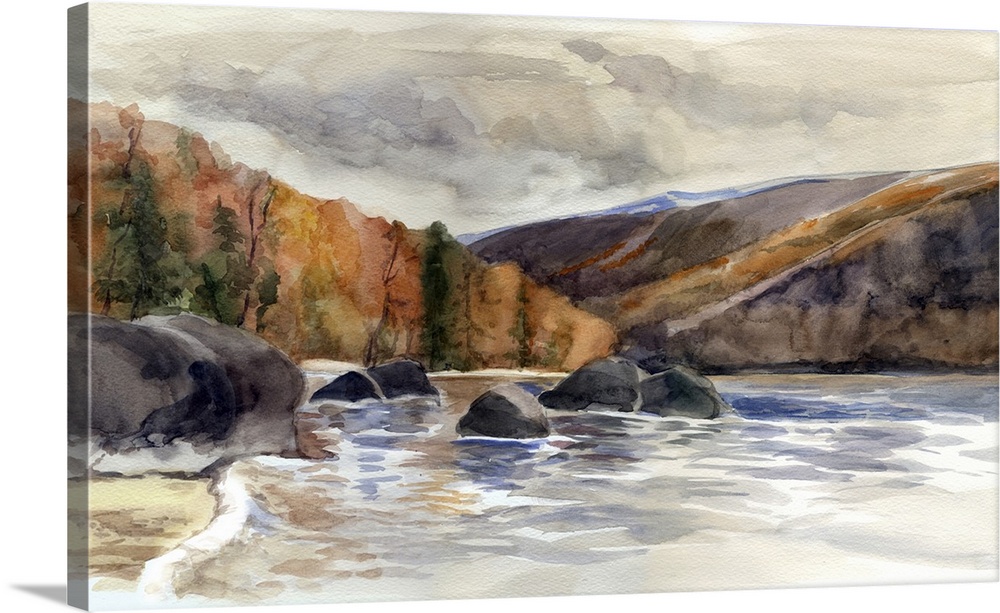 Watercolor painting with Lake Baikal at autumn.