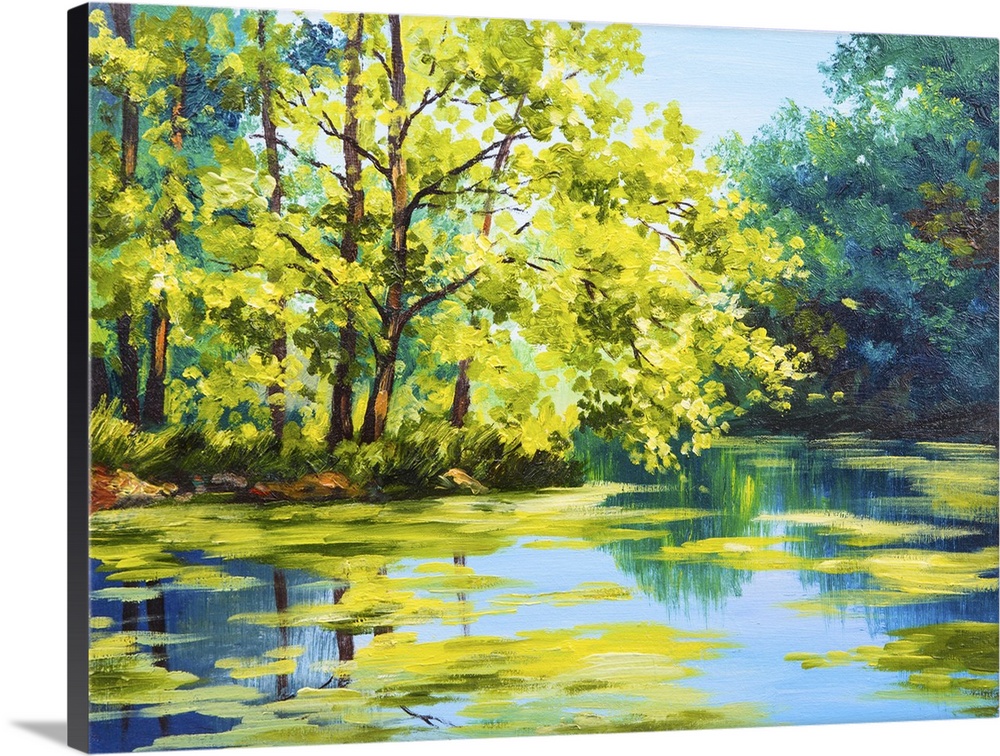 Originally an oil painting landscape of lake in the forest, summer day.