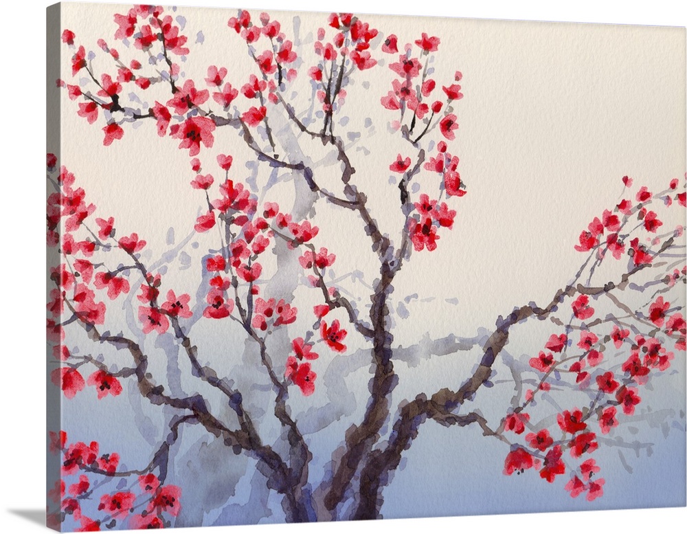 Watercolor landscape in Chinese style. The bright red flowers bloom in spring on old tree.