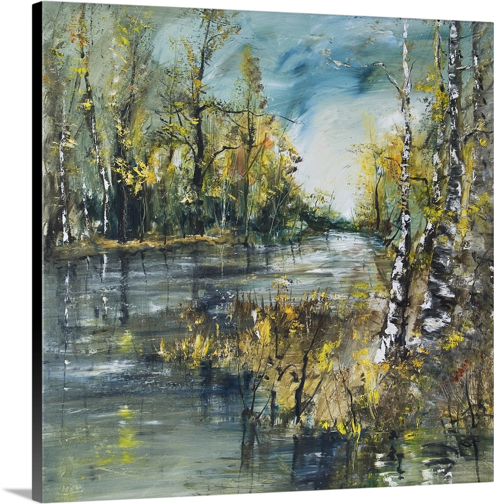 Landscape with river and birch forest, originally an oil painting of an artistic background.