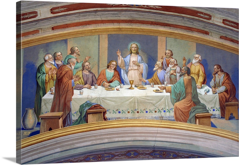 The Last Supper fresco painting on the ceiling of the church.