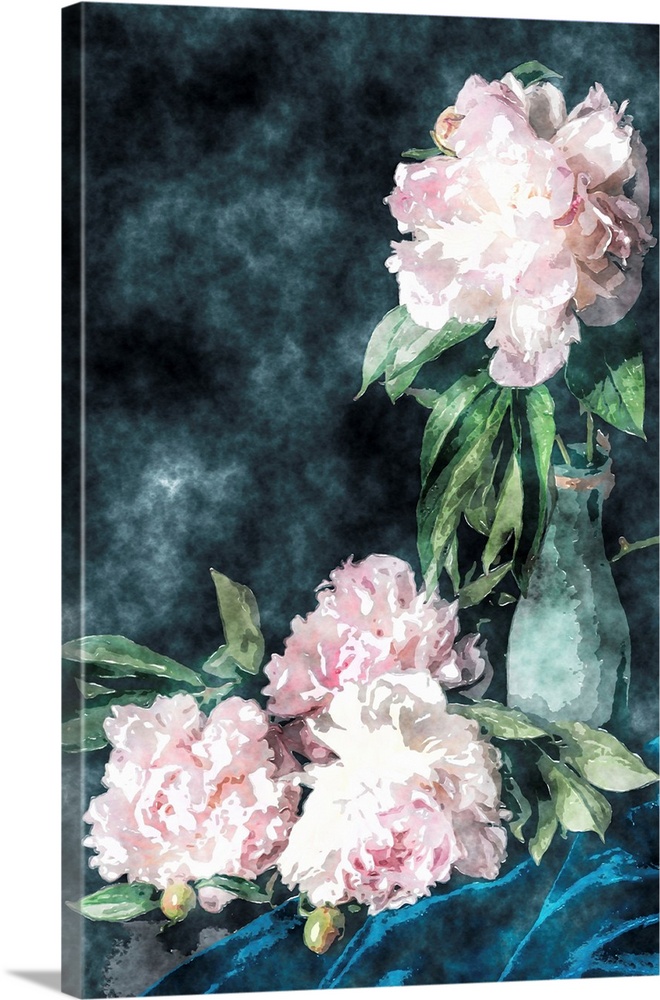 Originally painted light pink blooming flowers near vase on black.
