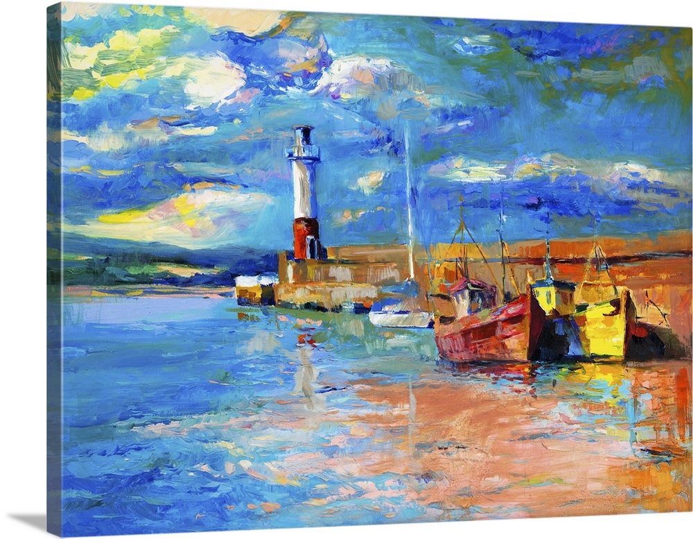 Originally an oil painting of lighthouse and boats on canvas. Rich golden sunset over ocean. Modern impressionism.