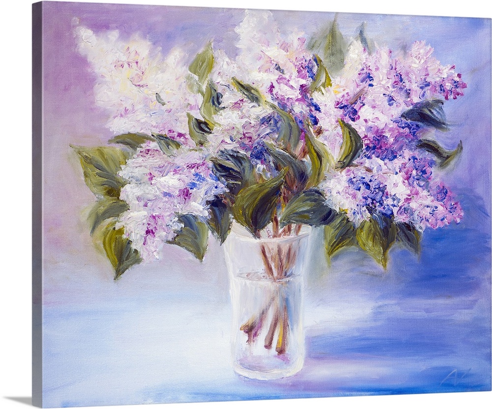 Lilacs in a vase, originally an oil painting on canvas.