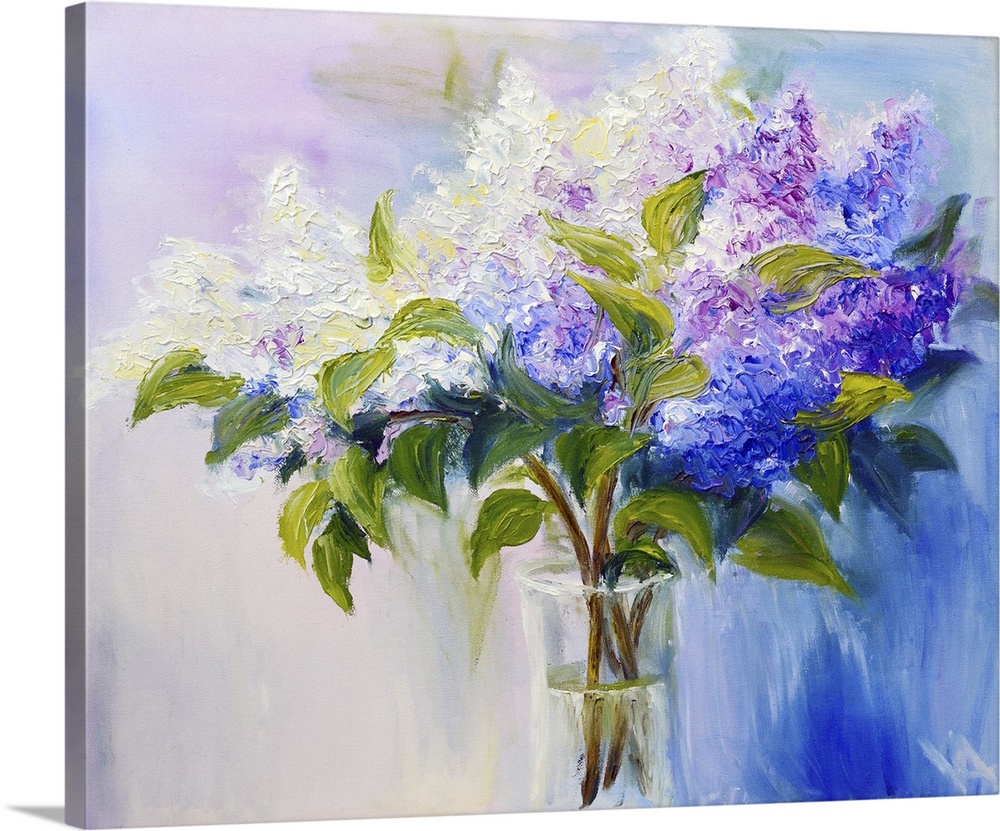 Lilacs in a vase, originally an oil painting on canvas.