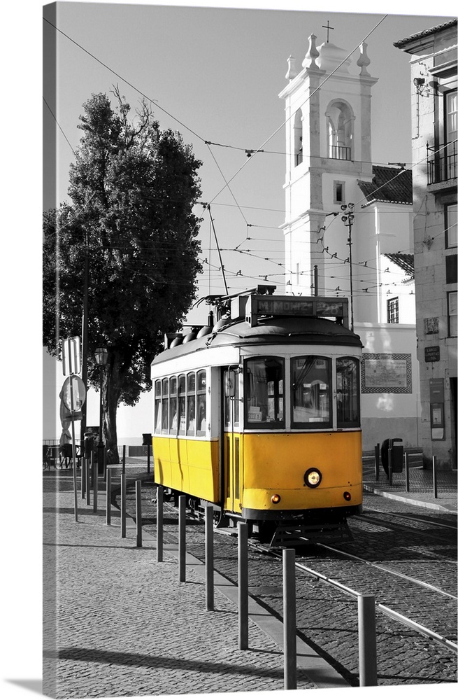 Old yellow tram over black and white background in Lisbon, Portugal.