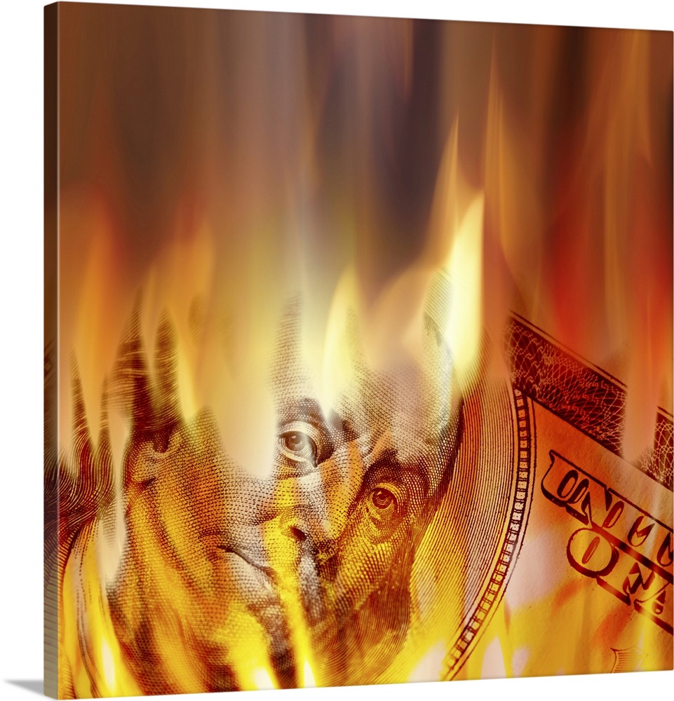 Benjamin Franklin's face appearing on fire on a one hundred dollar bill.