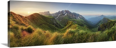 Mountain Sunrise Panorama In Dolomites, Passo Giau