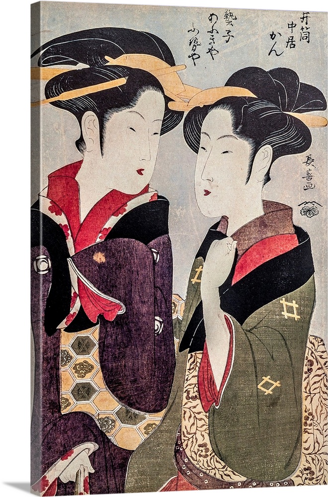 Nakai Kan and geisha Fuseya, Eishosai Choki. Traditional Japanese engraving Ukiyo-e.