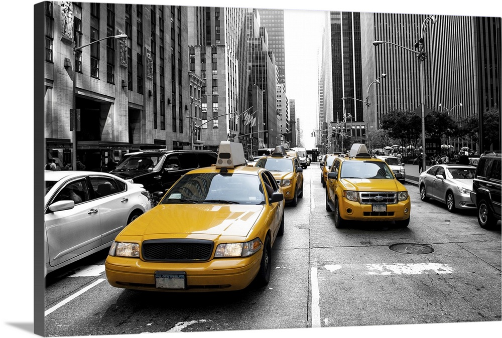 Yellow taxi in a black and white, New York.