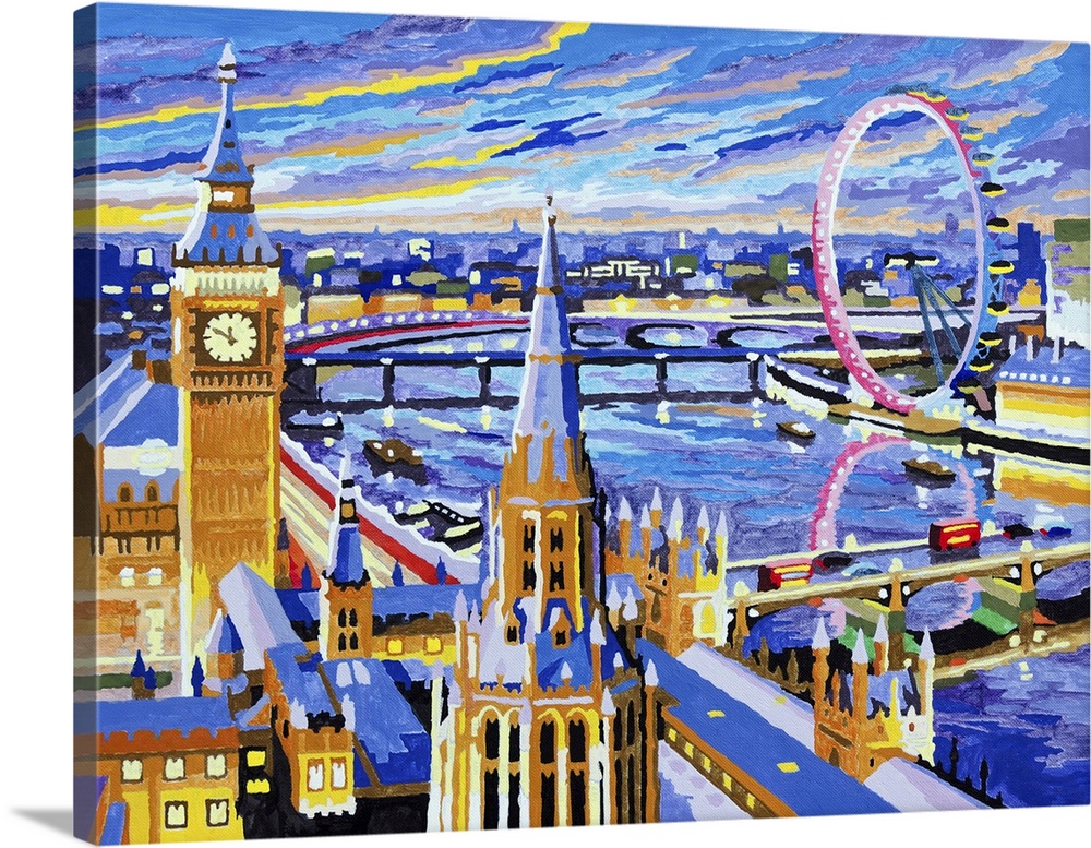 Romantic summer night in London. Originally an Acrylic painting on canvas. The Thames river, big ben tower and so on.