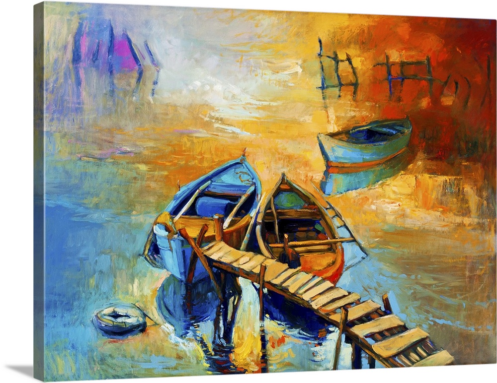 Originally an oil painting of boats and jetty (pier) on canvas. Sunset over ocean. Modern impressionism.