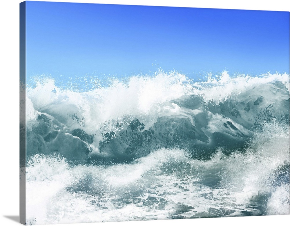 White ocean waves on blue sky background - computer illustration.