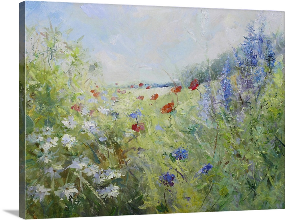 Red poppies and white marguerites on a summer meadow, originally acrylics on canvas.