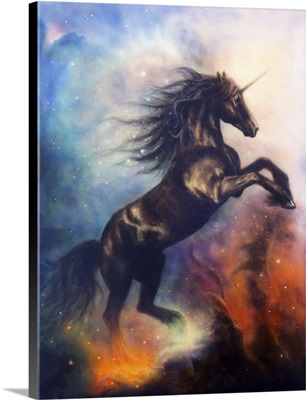 Painting Of A Black Unicorn Dancing In Space