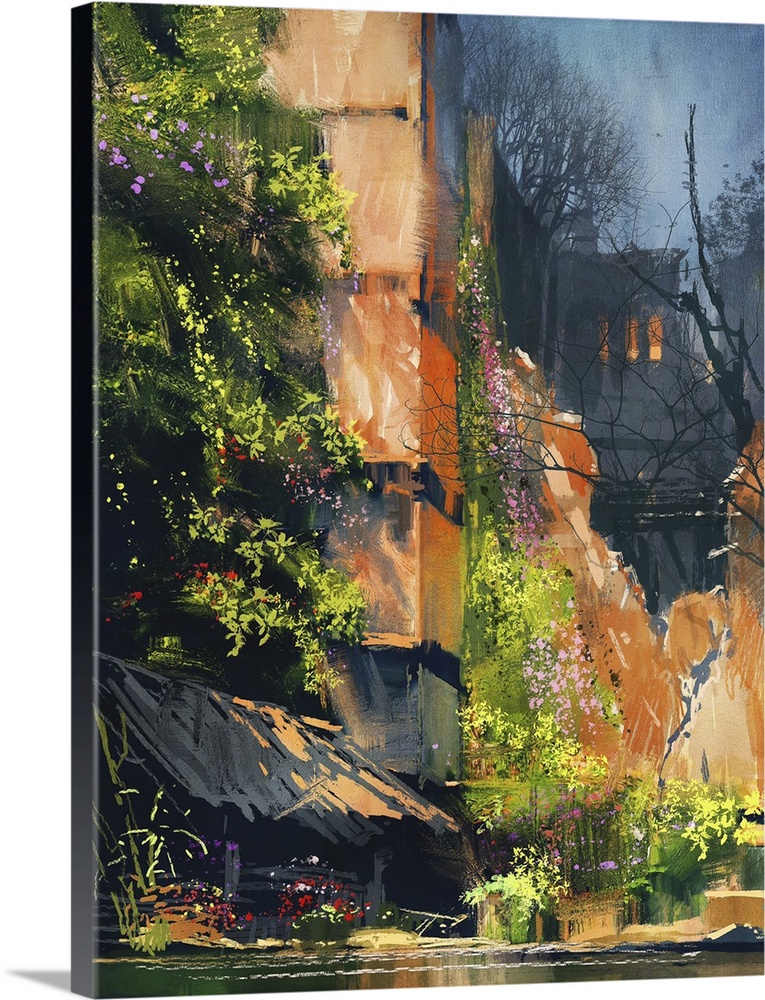 Originally a digital painting of abandoned building covered with vegetation.
