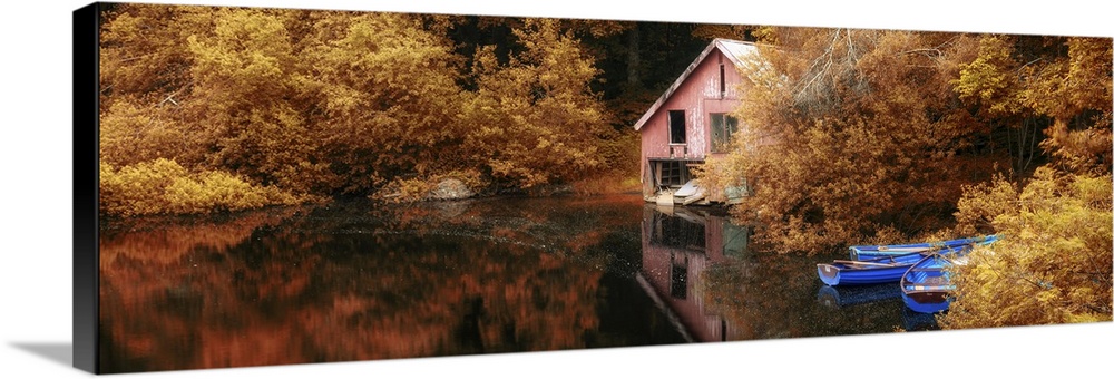 Panorama landscape stunning autumn scene boat lake and boathouse.