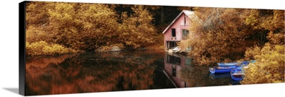 Panorama Landscape Stunning Vibrant Autumn Scene Boat Lake And Boathouse