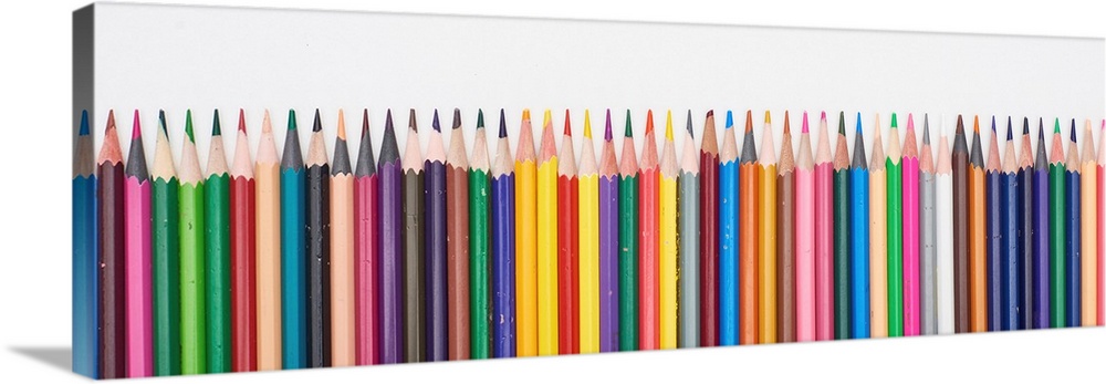 Panoramic shot of straight line of color pencils isolated on white.