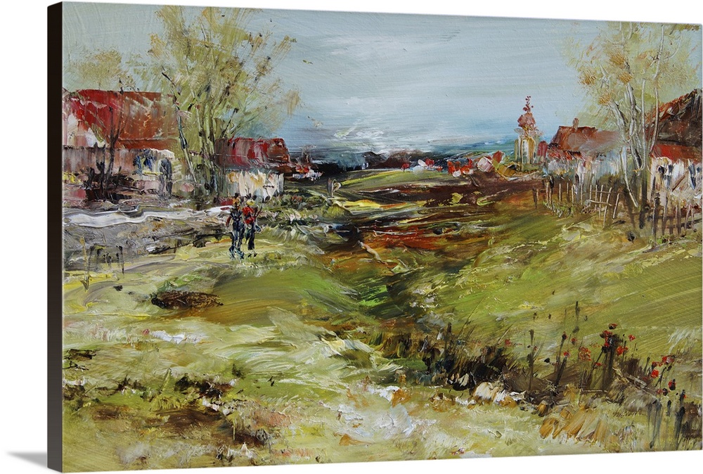 Path and villages with church, originally a oil painting, artistic background.