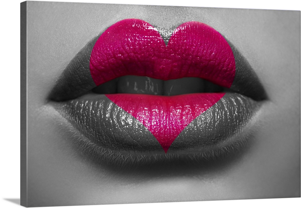 Pink lipstick pattern in shape of a heart on lips.
