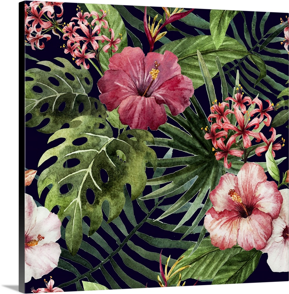 Pattern Orchid Hibiscus Leaves Watercolor Tropics Wall Art, Canvas ...