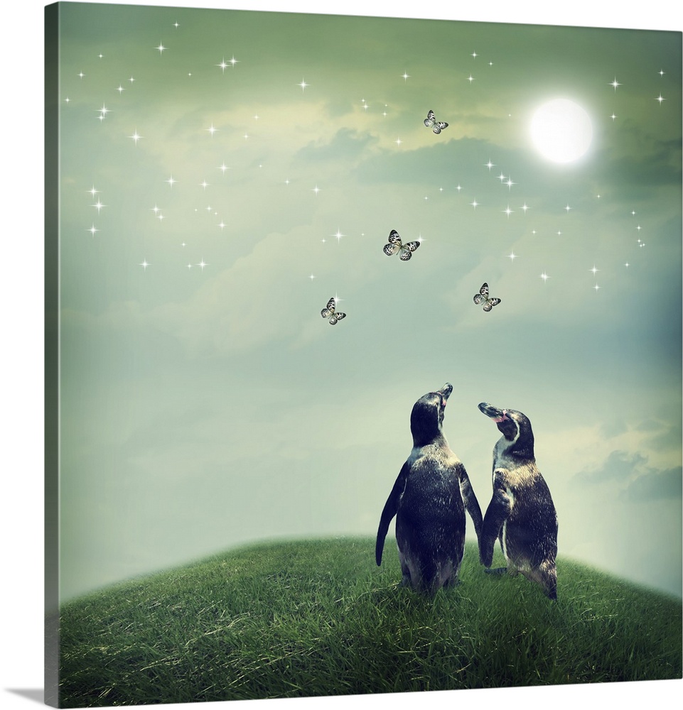Two penguin friendship or love theme image at a fantasy landscape.