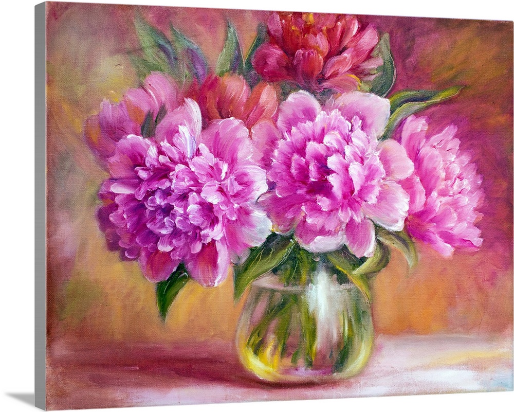 Peonies in vase, originally an oil painting on canvas.