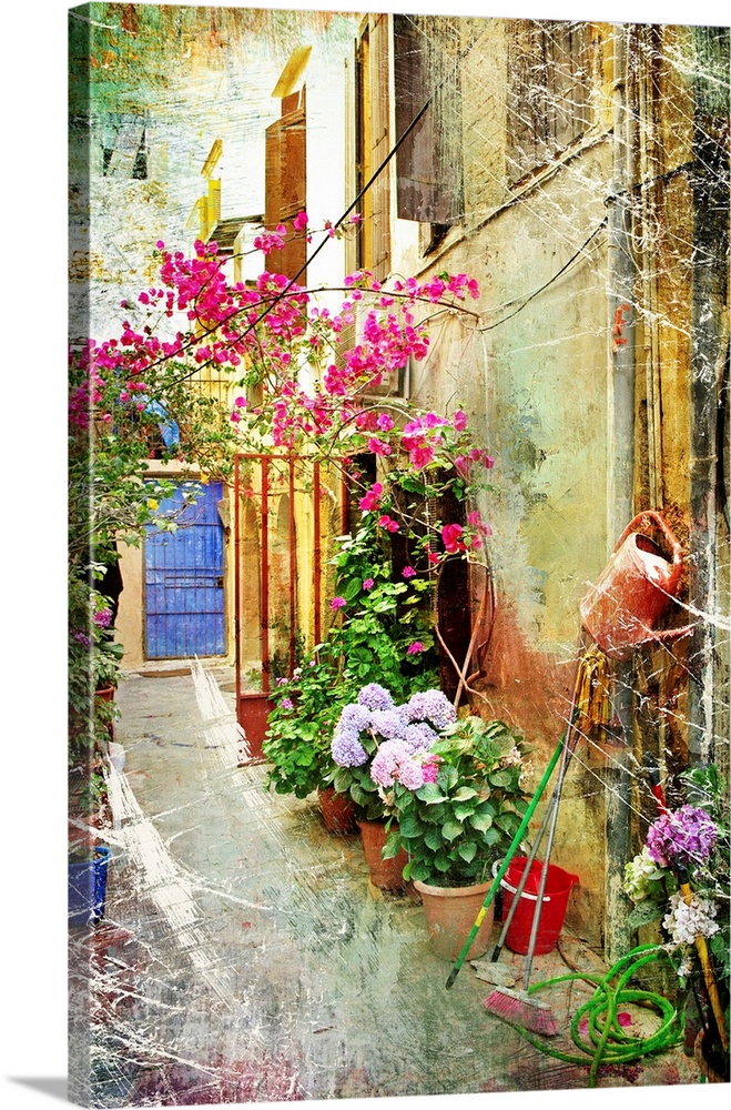 Pictorial courtyards of Greece - artwork in retro painting style.