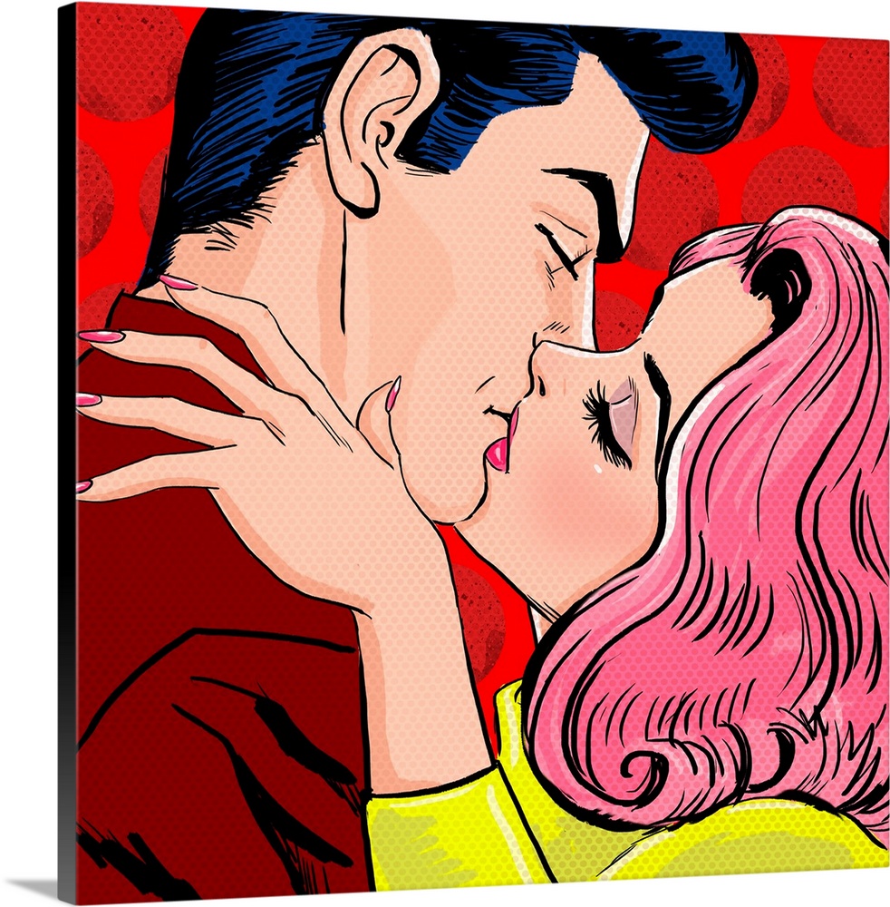 Pop art illustration of kissing couple.