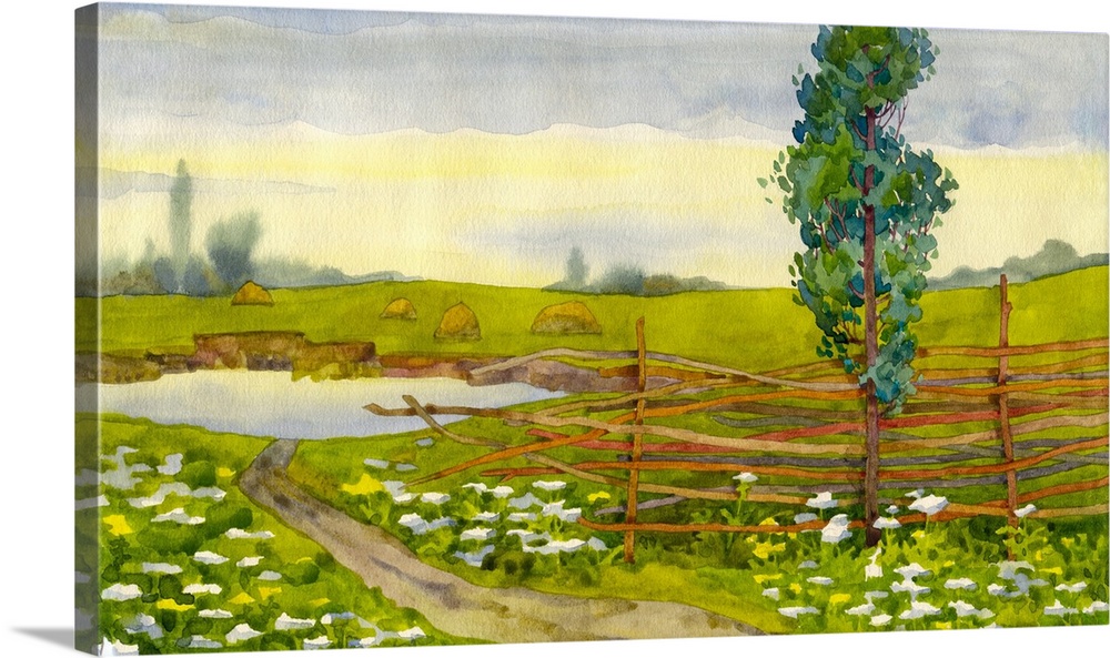 Watercolor landscape of a poplar near a fence,