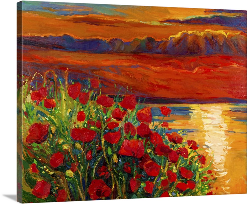 Originally an oil painting on canvas of an Opium poppy (Papaver somniferum) field in front of a beautiful sunset over the ...