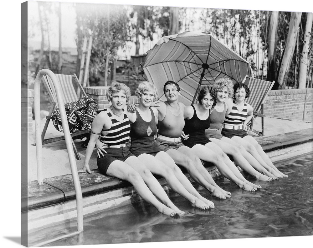 Vintage portrait of female friends at a pool.