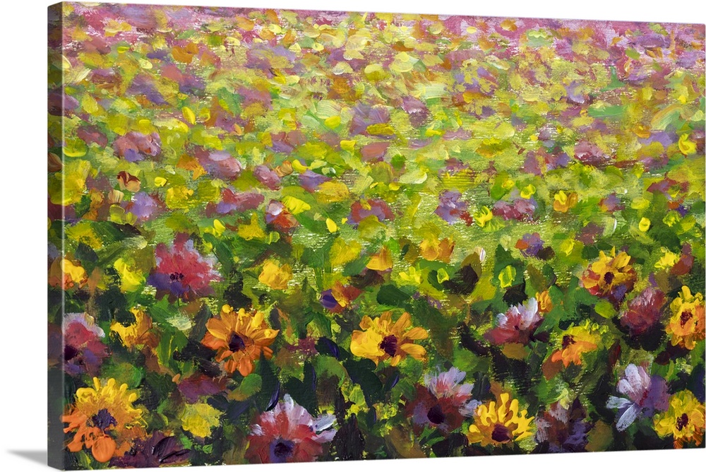 Impressionist painting of purple, yellow, and orange flowers originally in oil.