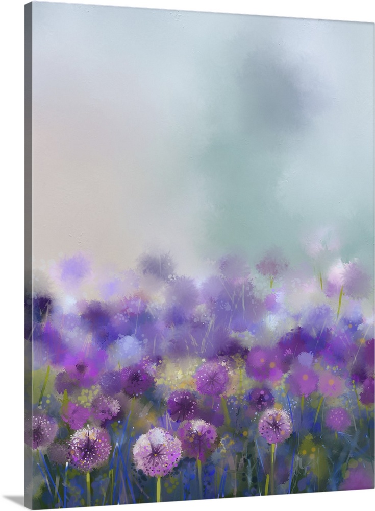 Originally an oil painting, purple onion flower. Originally an abstract flower painting on a soft colorful, spring floral ...