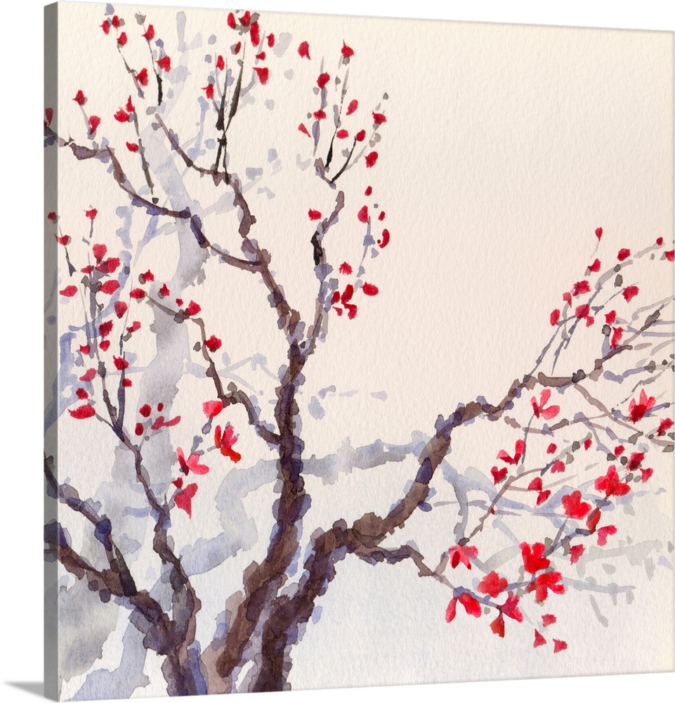 Originally a watercolor spring background in Japanese style. Bright red flowers and buds on the branches of an old tree.