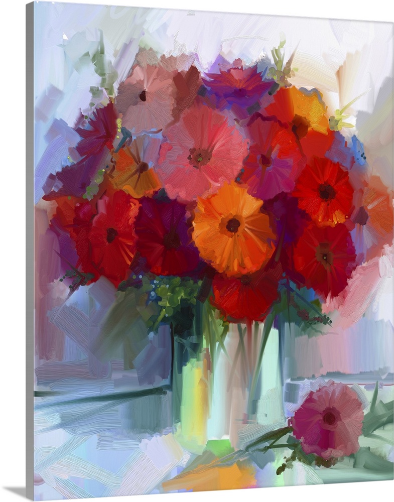 Still life a bouquet of flowers. Originally an oil painting of red gerbera flowers in vase. Originally a hand painted flor...