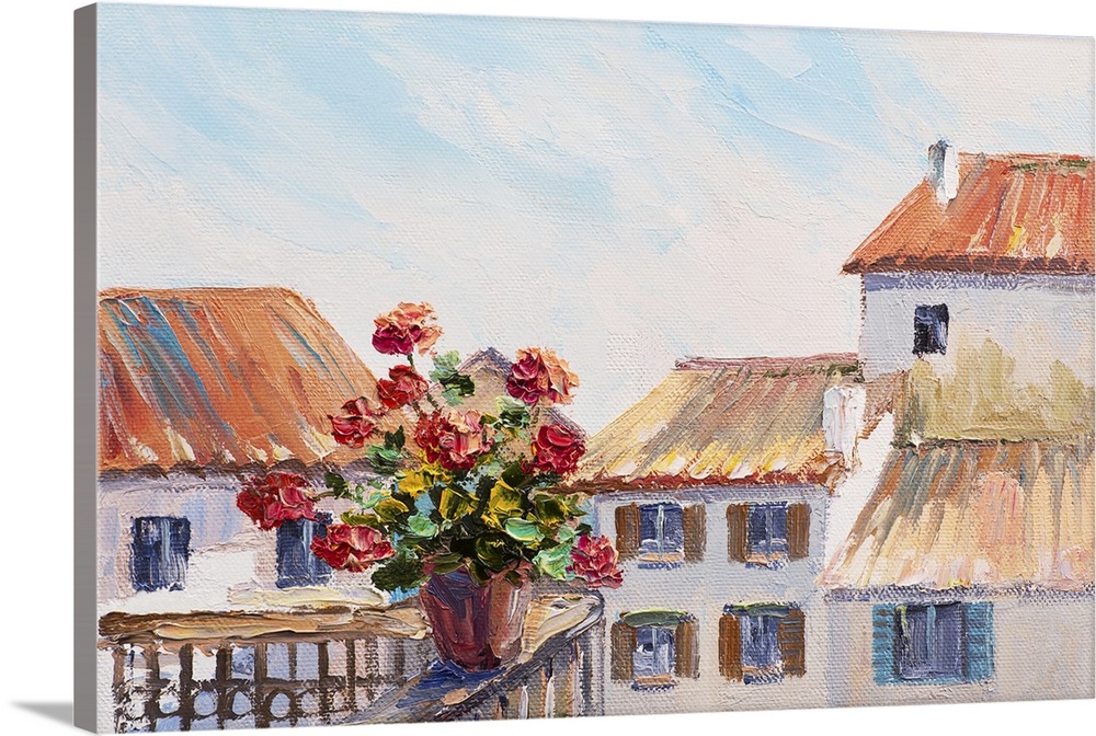 Red roses in balcony, beautiful rooftops, summer, originally an oil painting.